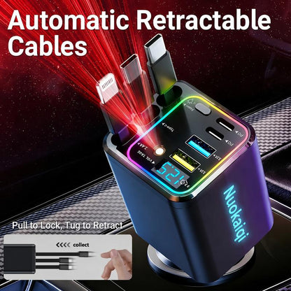 🔋📱Chargeur de voiture rapide rétractable 7-en-1 avec affichage de la tension – USB-C pour Android et Lightning pour Apple