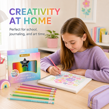 Crayons de couleur triangulaires effaçables, 50 couleurs, avec embouts effaceurs