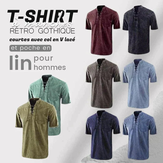 🌸Soldes de printemps : 50 % de réduction👕T-shirt rétro gothique pour homme, col en V lacé, poche en lin