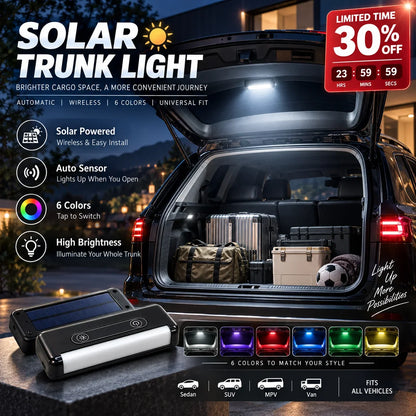 Éclairage LED du coffre de voiture à énergie solaire – Capteur automatique, sans fil, 6 couleurs, pour SUV et autres véhicules