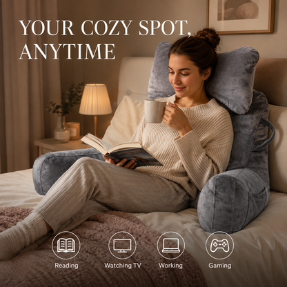 🛋️50 % DE RÉDUCTION EN CE MOMENT ! Oreiller multifonctionnel pour le dos, idéal pour la lecture au lit — Coussin de soutien lombaire en velours doux avec accoudoirs et poche latérale, parfait pour lire, jouer, travailler et regarder la télévision au