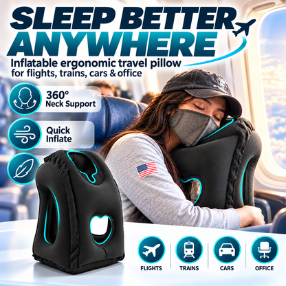✈️ Oreiller de voyage gonflable ergonomique à découpe creuse – revêtement floqué en PVC, gonflage rapide, avec sac de rangement ✨