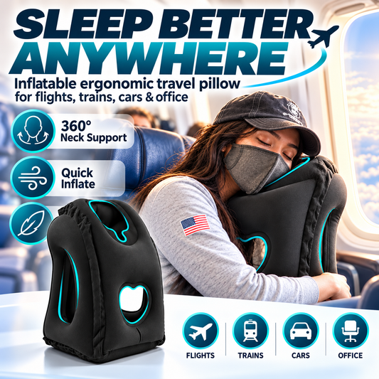 ✈️ Oreiller de voyage gonflable ergonomique à découpe creuse – revêtement floqué en PVC, gonflage rapide, avec sac de rangement ✨