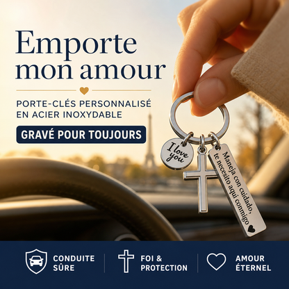 🎁 1 Acheté = 1 Offert ✝️ Porte-Clés Croix en Acier Inoxydable “Drive Safe”