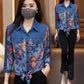 Women’s 3/4 Sleeve Denim Floral Print Patchwork Shirt