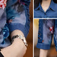 Women’s 3/4 Sleeve Denim Floral Print Patchwork Shirt