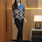 Women’s 3/4 Sleeve Denim Floral Print Patchwork Shirt