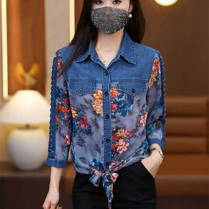 Women’s 3/4 Sleeve Denim Floral Print Patchwork Shirt