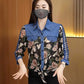 Women’s 3/4 Sleeve Denim Floral Print Patchwork Shirt