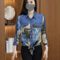 Women’s 3/4 Sleeve Denim Floral Print Patchwork Shirt