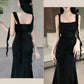 Elegant Square Neck Slim Dress with Fluttering Straps