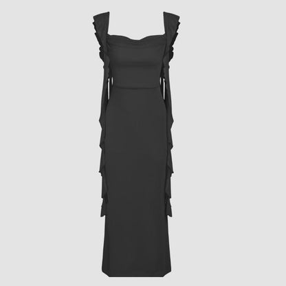 Elegant Square Neck Slim Dress with Fluttering Straps