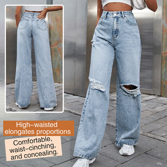 Women’s Casual Ripped High-Waisted Wide-Leg Pants