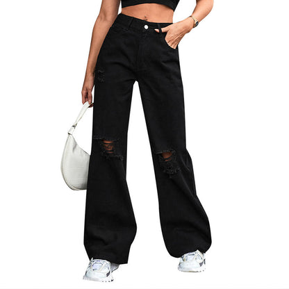 Women’s Casual Ripped High-Waisted Wide-Leg Pants