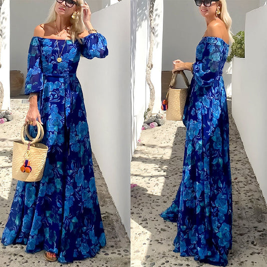 Women’s Elegant Off Shoulder Floral Print Flowy Long Dress