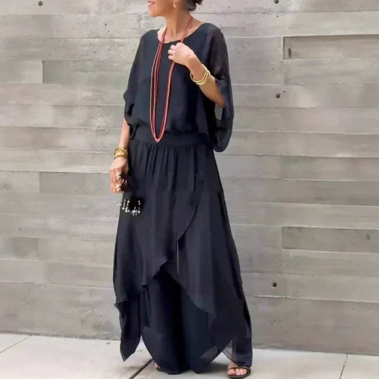 🌺 50 % DE RÉDUCTION💐Ensemble 2 pièces en mousseline - Top ample et pantalon fendu à jambe large(🔥55 % de réduction)