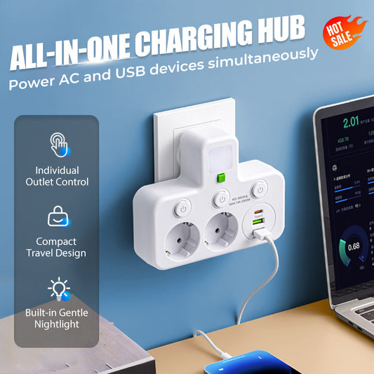 🎉 Cadeau du Nouvel An – 50 % DE RÉDUCTION !🔌Fini les câbles emmêlés et le manque de prises ! Multiprise intelligente avec ports USB + veilleuse et interrupteurs individuels – votre hub de recharge compact pour la maison et les voyages ✨