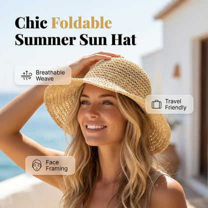 ☀️-50% | Chapeau paille large bord tissé main femme pliable