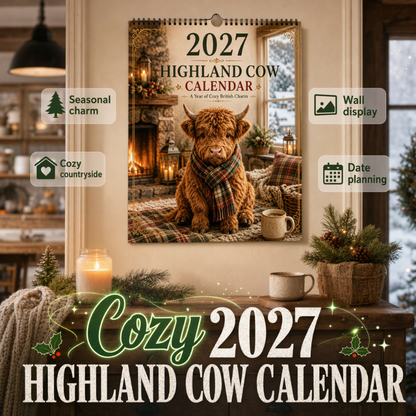 🐮🍂 Calendrier mural « Highland Cow » 2027 – Une ferme chaleureuse et des illustrations de saison